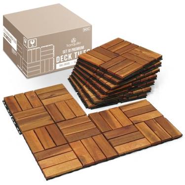 Imagem de Tranquillo Conjunto de 10 azulejos de deck interligados de encaixe fácil 30,5 x 30,5 cm, piso de pátio, azulejos de madeira de acácia, piso externo resistente ao clima para varanda, beira da piscina