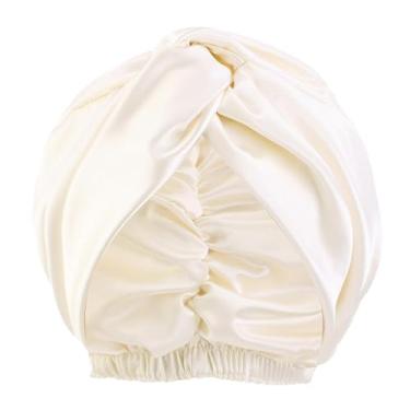 Imagem de Touca de banho para mulheres, cabelo de cetim de seda para toucas de dormir reutilizáveis, à prova d'água, cacheado, grande kitsch (bege, tamanho único)