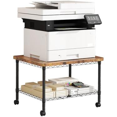 Imagem de Howzone Suporte para impressora, mesa sob a mesa, altura ajustável, mesa de 3 níveis com rodas, carrinho móvel industrial sob a mesa, prateleira para espaços pequenos, escritório em casa, marrom