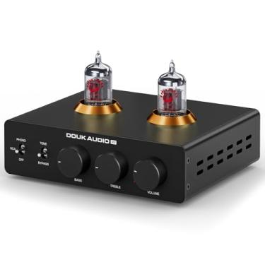 Imagem de Douk Audio Pré-amplificador Phono P7: pré-amplificador de mesa giratória de tubo ECC83 com saída XLR equilibrada, filtro passa-alta, controle de graves e agudos, bypass para leitor de discos MM