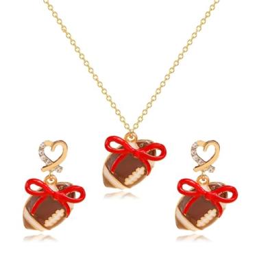Imagem de RLHRNDE Conjunto de brincos de colar de futebol para mulheres moda ouro amor coração colorido brincos de laço dia de jogo ajustável corrente de futebol esporte jogo equipe fã joias presente, moderate