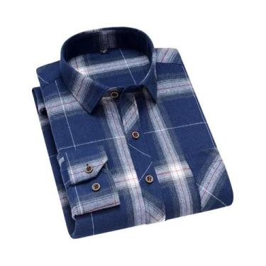 Imagem de Camisa De Flanela De Algodão Masculina De Manga Longa Com Estampa Xadr