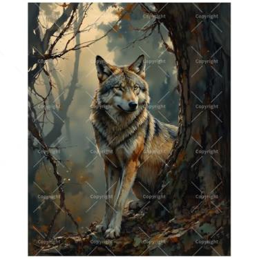 Imagem de Kit de pintura de vida selvagem por números para adultos - DIY Lone Wolf in Forest Painting on Canvas, conjunto de tinta acrílica, adequado para iniciantes, arte para decoração de casa ou presentes