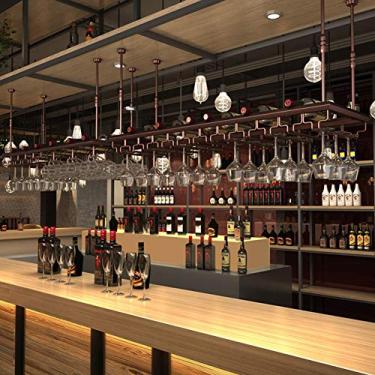 Imagem de Suporte de copo de vinho ajustável para pendurar no teto, suporte de copo de vinho vintage de ferro e suporte de garrafa, suporte de armazenamento para cozinha, bar, pub (preto, bronze)