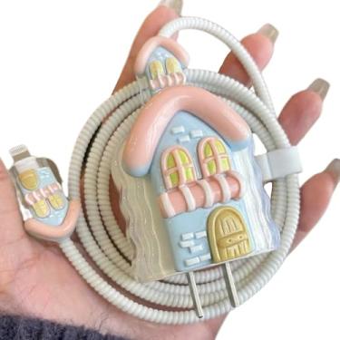 Imagem de Lindo protetor de cabo para iPhone iPad 18W/20W capa de carregador, protetor de carregador, cabo de dados, protetor de fio USB, protetor de cabo de carregamento para iPhone 14 15 16 Pro Max-Pink House