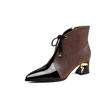 Imagem de TinaCus Bota feminina de bico fino e couro envernizado feita à mão com zíper e salto grosso médio, Marrom, 35