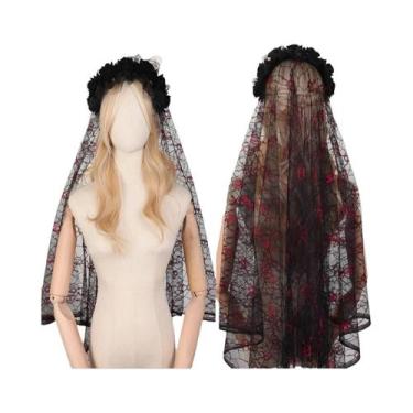 Imagem de Tiara De Noiva Com Véu, Design De Caveira, Teia De Aranha E Rosa Preta