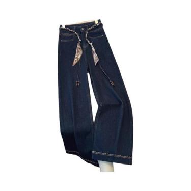 Imagem de Calça Jeans Feminina Azul De Perna Larga Com Cinto De Lenço De Seda, M