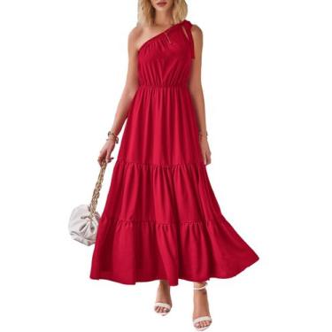 Imagem de Vestido PRETTYGARDEN Maxi Floral de Verão Ombro Único Vermelho XXL