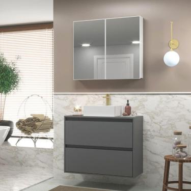 Imagem de Gabinete Para Banheiro Com Cuba E Armario 80cm Mdf Grafite Dubai - On Móveis