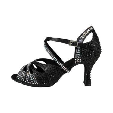 Imagem de Sapatos De Dança Latino Femininos Em Cetim Com Bloco De Cores E Salto 