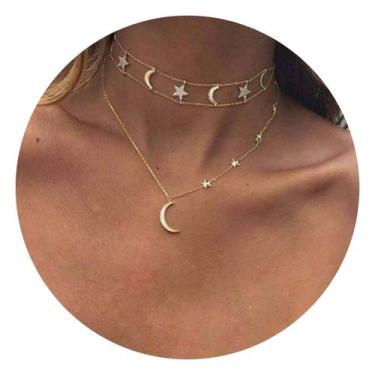 Imagem de Colar Chocker Trançado Lua Estrelas Feminino Simples Festas - anjo da 