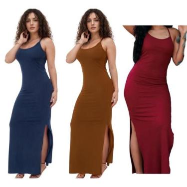 Imagem de KIT C/3 Vestidos Canelado Longo com Fenda - Emporio J, Marinho, Carame