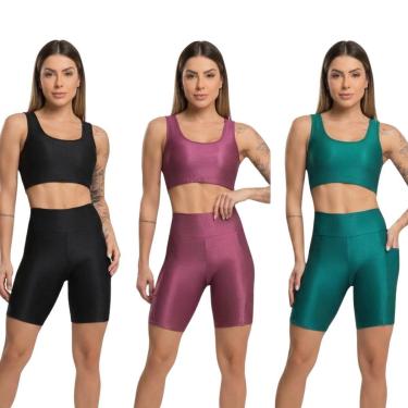 Imagem de KIT 3 Bermuda Fitness Com Bolso Esmeralda Vekyo Cós Alto Academia Treino Moda Feminina...