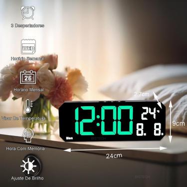Imagem de Relógio Digital Led Verde Grande Despertador 3 Alarmes - Tudo Em Caixa