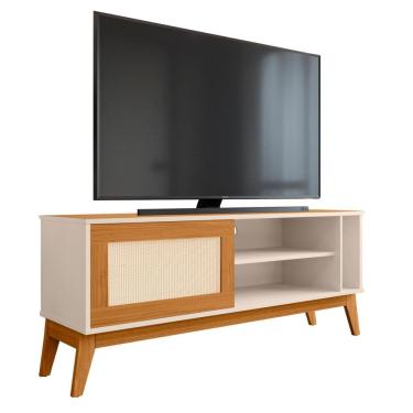 Imagem de Rack Bancada Para TV Até 55 Polegadas 1,36m 1 Porta Com Tela Rattan Off White/Cedro Car...