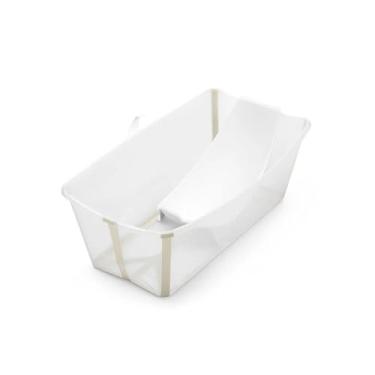 Imagem de Kit Banheira Flexível Transparente Bege e Suporte Recém Nascido Stokke