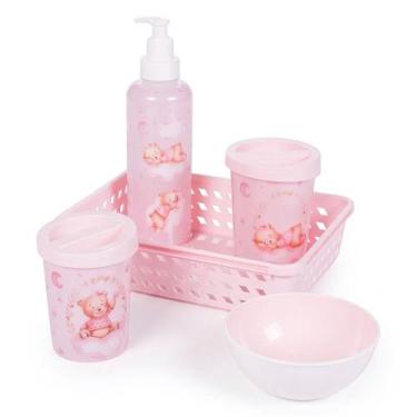 Imagem de Kit Higiene Completo Banho Do Bebê 5 Itens Ursa Rosa Cesta Dispenser P