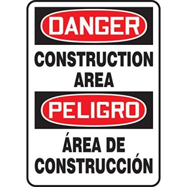 Imagem de Accuform SBMCRT135XV Espanhol Bilíngue Adesivo Dura-Vinyl Placa Legend, Área de Construção "DANGER CONSTRUCTION AREA", 35,5 cm de comprimento x 25,4 cm de largura x 0 cm de espessura, vermelho/preto sobre branco