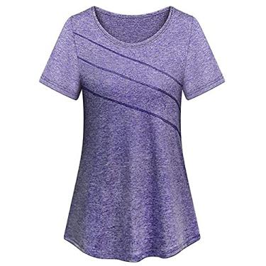 Imagem de Camiseta feminina manga curta yoga top de secagem rápida corrida treino esportes roupa ativa(XL)(Roxa)