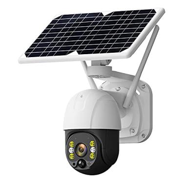 Imagem de Câmera de segurança PTZ WiFi alimentada por energia solar Câmera HD 1080P externa sem fio com visão noturna colorida Sensor de movimento PIR Luz de segurança alimentada por bateria recarregável
