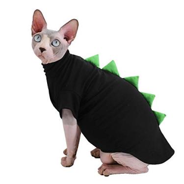Imagem de Design de dinossauro Sphynx Roupas de gato sem pelos lindas camisetas de algodão respirável verão gato fantasia de animal de estimação, gola redonda gatinho camisetas com mangas, gatos e roupas para cães pequenos (P (2-3,5 lbs), preto)
