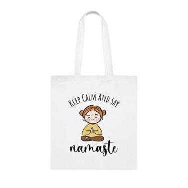 Imagem de Sacola Keep Calm And Say Namaste, presente divertido, bolsa de ombro, bolsas reutilizáveis, cesta de Natal de aniversário ideia de presente, Branco
