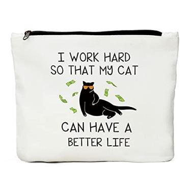 Imagem de Presentes para amantes de gatos para mulheres, presentes de mãe de gato para mulheres, presentes de gato para amantes de gatos, presentes com tema de gato louco, engraçados para mulheres, mãe de gato, amigo, bolsa de maquiagem de gato, Azul: branco, Moda
