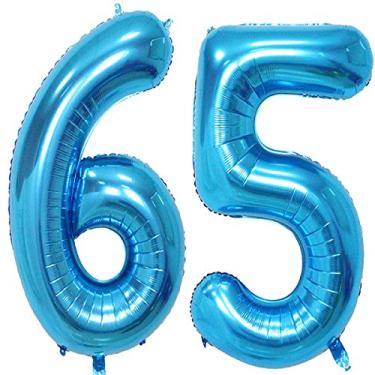 Imagem de MAGJUCHE Balões de número digital jumbo de hélio azul de 101,6 cm, soprados com hélio, decoração de suprimentos de festa de aniversário de 65 anos para mulheres ou homens