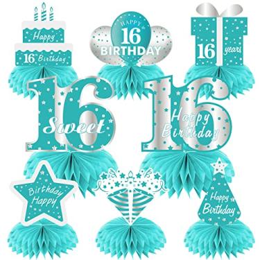 Imagem de Yoaokiy Decorações de aniversário Teal Sweet 16º aniversário peças centrais de colmeia, 8 peças de centro de mesa azul café da manhã Happy 16 aniversários