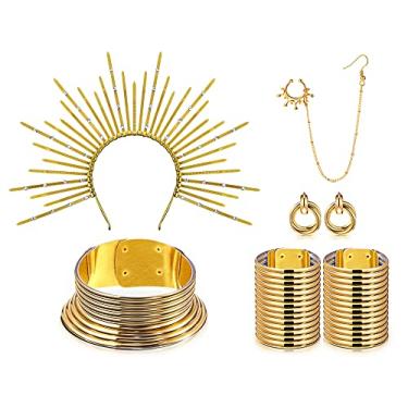 Imagem de Junkin 5 peças de conjuntos de joias africanas para mulheres com gargantilha de ouro egípcio, anéis de nariz africano, corrente de argola, brincos de coroa, headpiece sunburst spiked tiara para