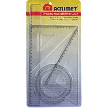 Imagem de Conjunto para Desenho, Acrimet, 562.0, Régua de 30cm + Transferidor 360° + Esquadro Isósceles 45° de 21cm + Esquadro Escaleno 60° de 21cm, Multicor