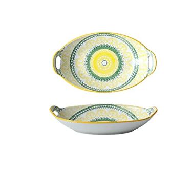 Imagem de GUIPAIHAI Prato de cerâmica criativo doméstico prato de sopa 28 cm estilo boêmio prato de jantar forno de cozinha (cor: amarelo)
