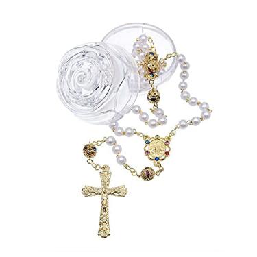 Imagem de Terço Nossa Senhora Aparecida Pérola Em Strass Colorido Dourado