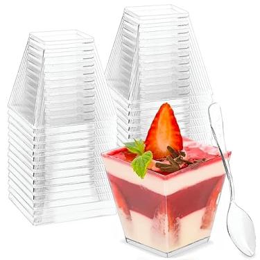 Imagem de Zezzxu Pacote com 100 mini copos de sobremesa de 59 ml com colheres, copos de plástico pequenos para aperitivos reutilizáveis para servir amostras de festa, geleia, pudim