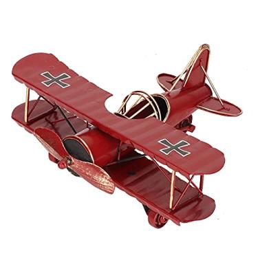 Imagem de Modelo de avião vintage Wnvivi, réplica de avião em miniatura realista, modelo de exibição de biplano de aeronave de ferro forjado para decoração de mesa, adereços fotográficos(Vermelho)