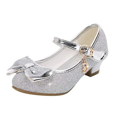 Imagem de CsgrFagr Sapatos sociais infantis para meninas Mary Jane sapatos para meninas sapatos de princesa sapatos de salto baixo infantil com glitter para casamento, Prata, 2 Big Kid