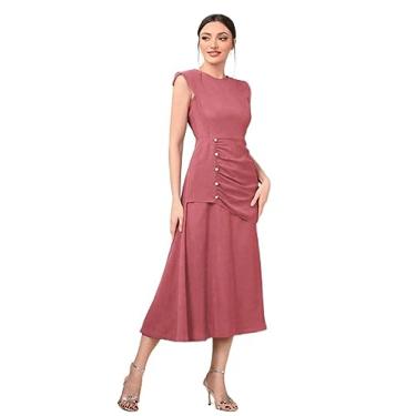 Imagem de Camisa Feminina Solid Button Detail Ruched Dress (Color : Pink, Size : CH)