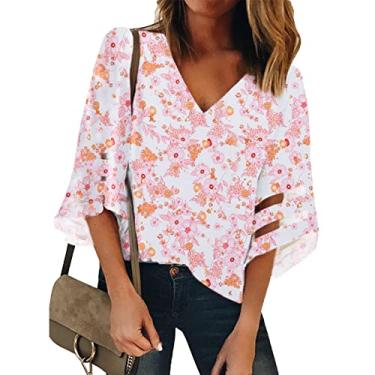 Imagem de Blusa de Chiffon Solta, Blusa Feminina de Chiffon Com Estampa Floral Refrescante Com Costura de Malha para Lazer (XL)
