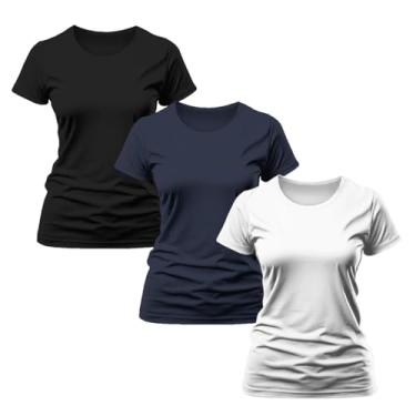 Imagem de Kit 3 Camisetas Básicas Femininas Dry Fit Treino Academia CrossFit Funcional Camisa Blusa (P, Preta-Marinho-Branca)