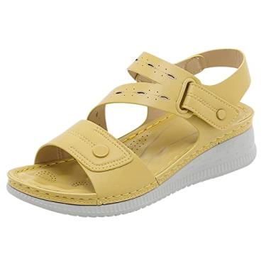 Imagem de CsgrFagr Sandálias femininas de verão com gancho e laço casual aberto nos dedos plataforma confortável sola macia sapatos de praia sandálias femininas, Amarelo, 36