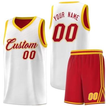 Imagem de Camiseta personalizada de basquete Jersey uniforme atlético hip hop impressão personalizada número de nome para homens jovens, Branco e vermelho - 68, One Size