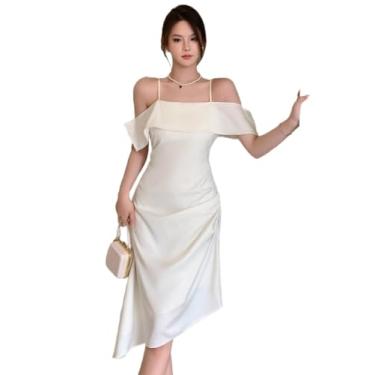 Imagem de Camisa Feminina Cold Shoulder Ruffle Trim Asymmetrical Hem Dress (Color : Beige, Size : L)