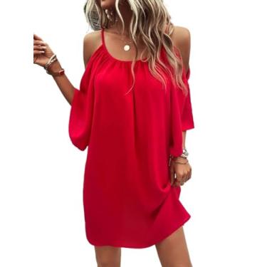 Imagem de Camisa Feminina Cold Shoulder Butterfly Sleeve Tunic Dress (Color : Red, Size : CH)