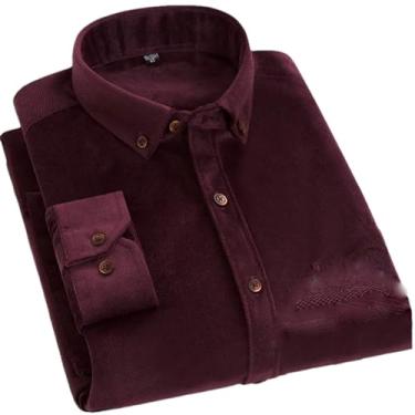 Imagem de BoShiNuo Camisa masculina primavera/outono veludo cotelê manga longa lisa confortável roupas casuais camisa masculina plus size, Vermelho vinho 661, 3G