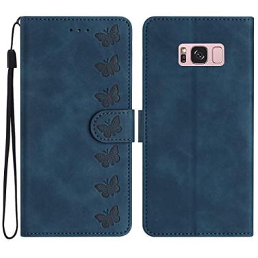 Imagem de Mavis's Diary Capa flip para Samsung Galaxy S8 Plus elegante, carteira de couro PU em relevo borboleta capa protetora bumper porta-cartões magnética dobrável para mulheres (azul)