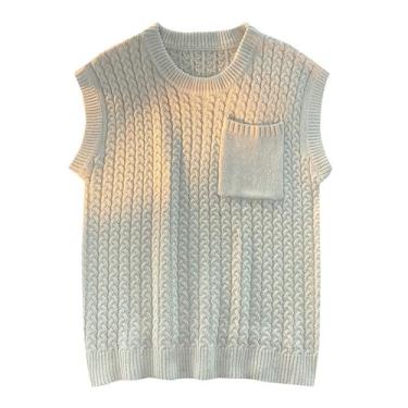 Imagem de Suéter masculino de cor sólida, colete simples, pulôver, gola redonda, bolso torcido e elástico, Bege, XXG