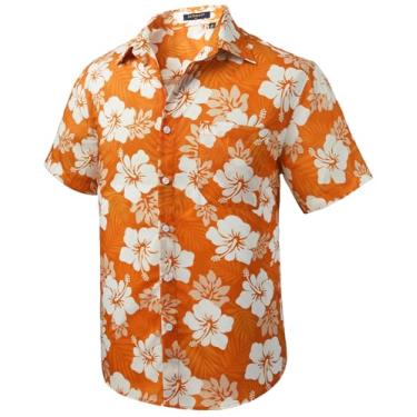 Imagem de Camisa masculina havaiana manga curta Aloha floral tropical casual camisa de botão camisas verão praia para férias, Laranja/flor, GG