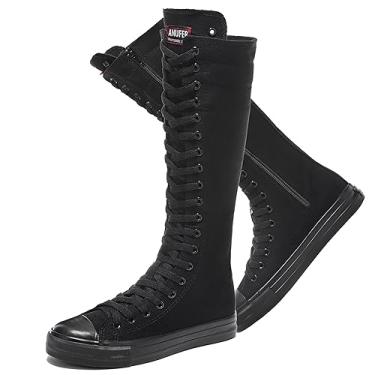 Imagem de rismart Tênis feminino de lona, comprimento até o joelho, cano alto, zíper lateral, escola, Cheergirls, botas longas, Preto, 39