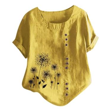 Imagem de Howstar Camiseta feminina de verão, casual, floral, algodão, linho, bordada, manga curta, gola redonda, camisetas estampadas grandes, A6 - Amarelo, P